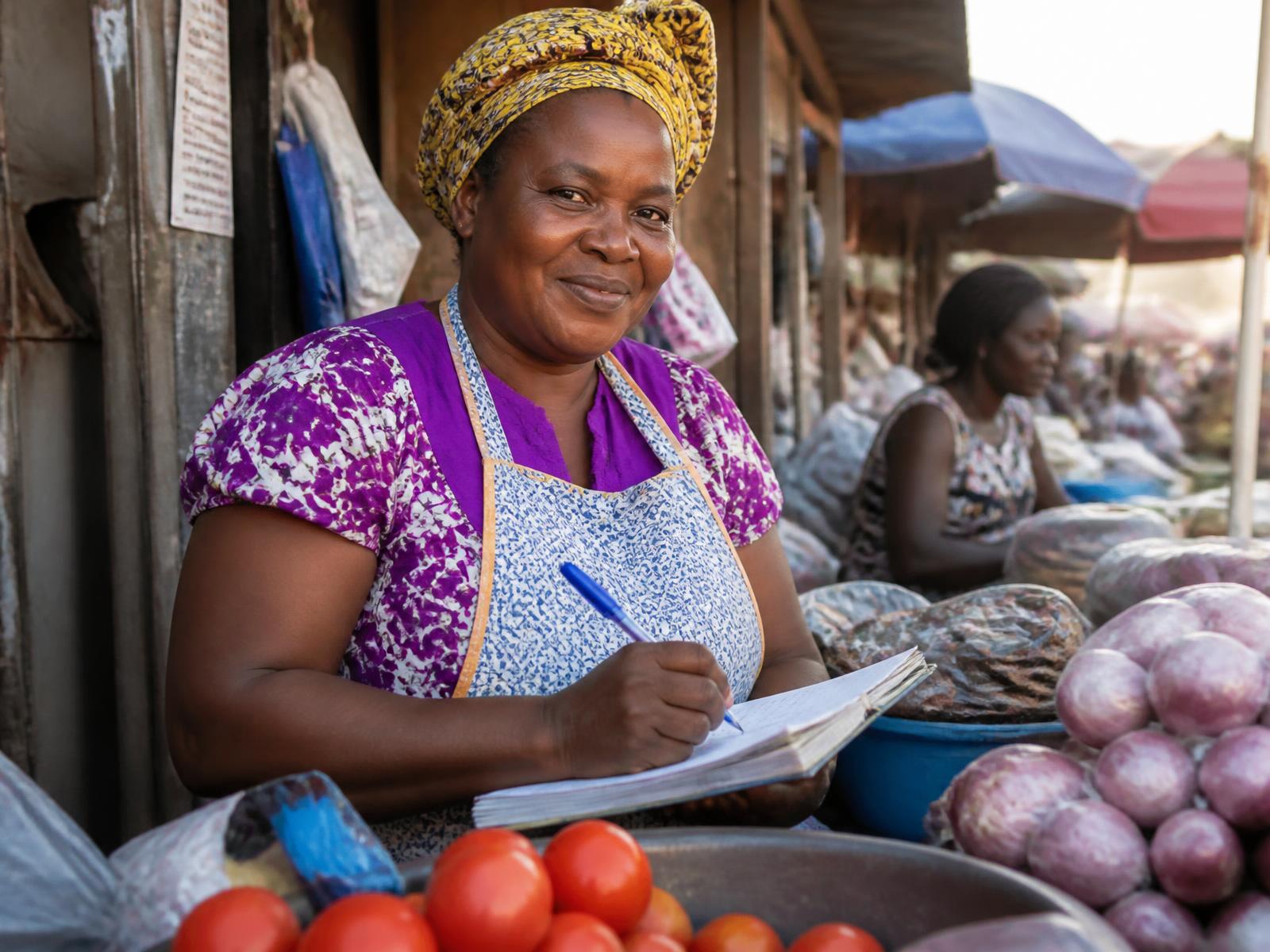 A Ghanaian market trader recording her savings in a notebook at her stall in Accra